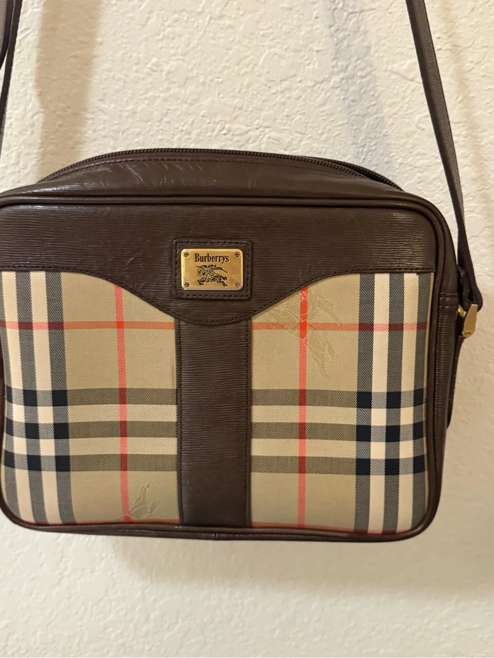 Burberry Beige Nova Check Brown Leather Messenger Bag